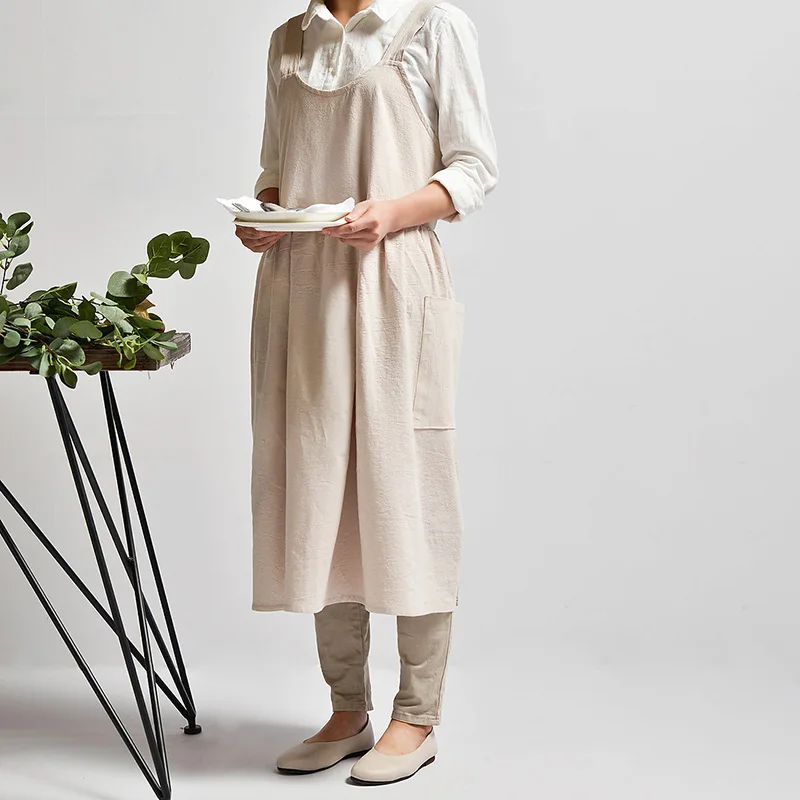 Beige ABFU-средневековый промытый хлопковый льняной кухонный фартук для приготовления пищи для выпечки цветочный магазин с оборками рабочий чистый фартук для женщин Униформа леди D - Цвет: Beige