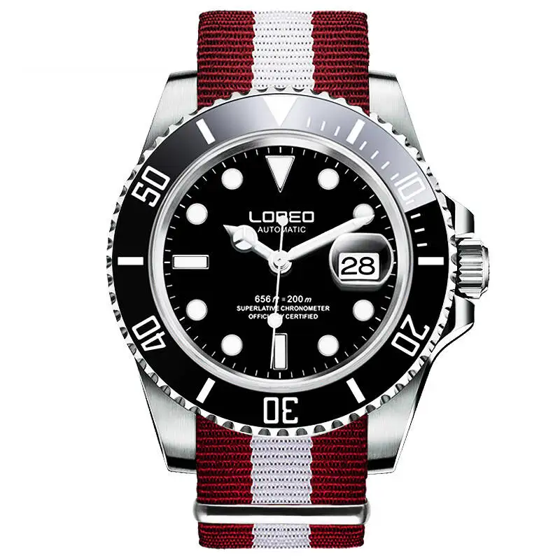 LOREO 9201 Германия yacht oyster perpetual master diver 200M автоматические самоветер водонепроницаемые с задней стороны полые светящиеся спортивные часы - Цвет: Brown nylon