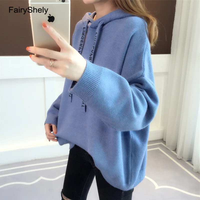 Blue Sweater Повседневный кашемировый свитер с капюшоном для женщин, зимний теплый джемпер для девочек, свободный толстый свитер, вязаный пуловер, топ Pull Hiver Femme - Цвет: Blue Sweater