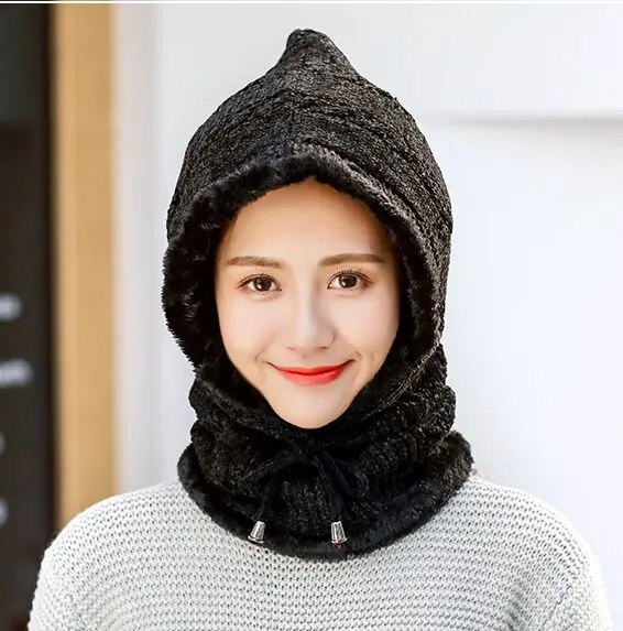 Женская зимняя вязаная шапка бини мужской шарф Skullies Beanies теплые зимние шапки для мужчин и женщин шапки брендовые маска капота брендовые кепки - Цвет: black