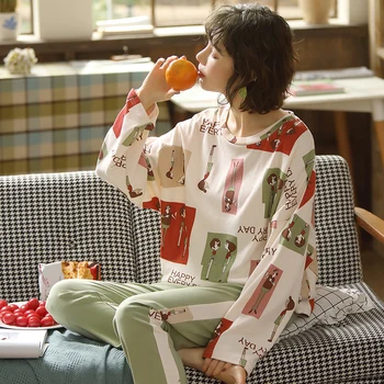 

2020 Spring New Women Pajama Sets Soft Fabric Long sleeve And Pants Female Sets