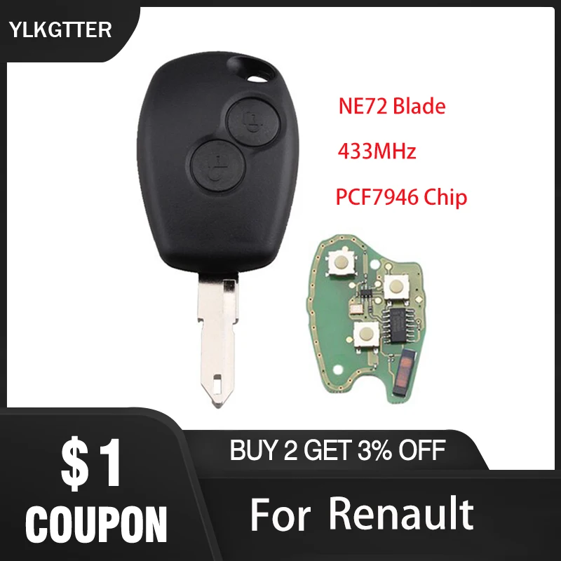

YLKGTTER 2 Buttons 206 Remote Car Key for Renault Clio Logan Fluence Vivaro Movano with 433MHz Chip PCF7946 or NE72 Blade Uncut