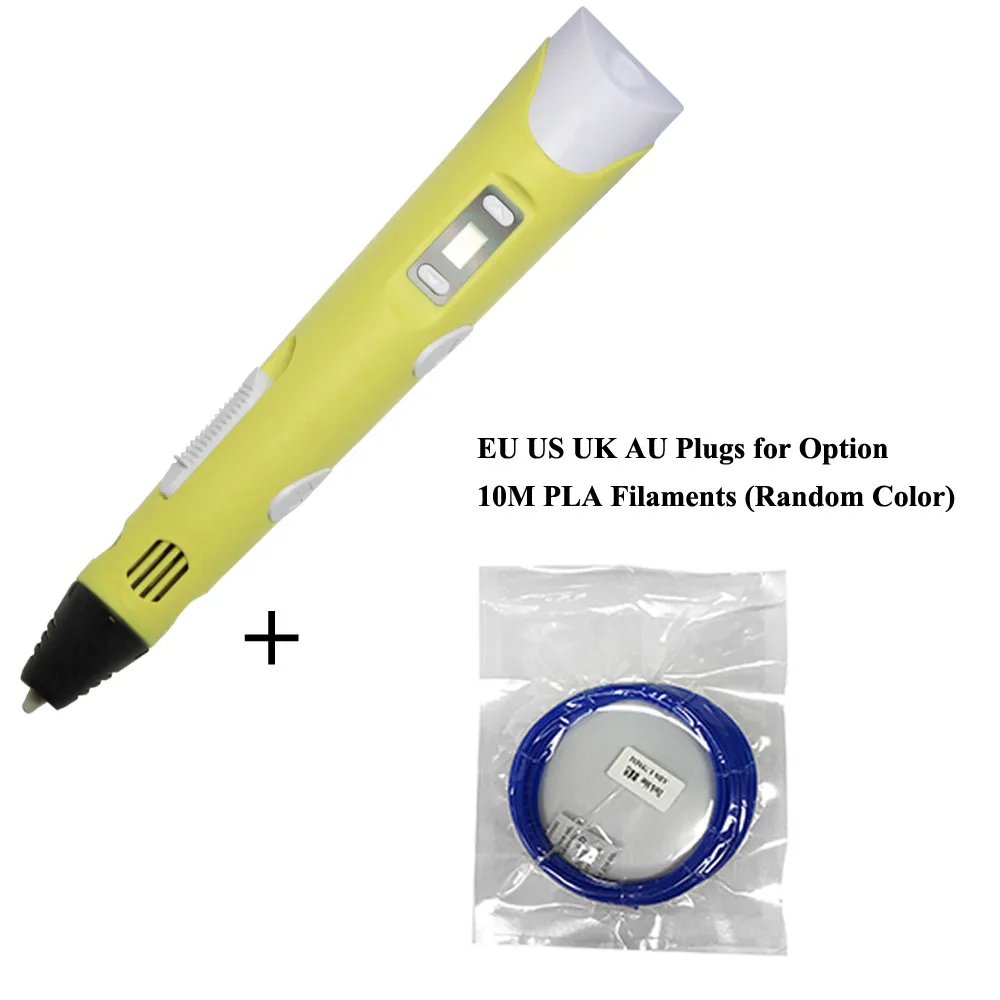yellow 10m Filament ABS/PLA DIY 3D ручка для печати светодиодный/ЖК-экран 3D Ручка для рисования+ 100 м нить креативная игрушка подарок для детей дизайн рисунок - Цвет: yellow 10m Filament