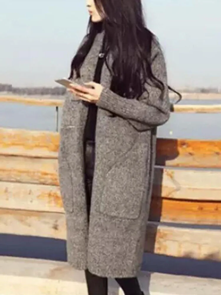 

2019 Women Autumn Winter warm thick Long Sleeve Loose Knitting long Cardigan Sweater Female Pull Femme Fashion with pocket coat