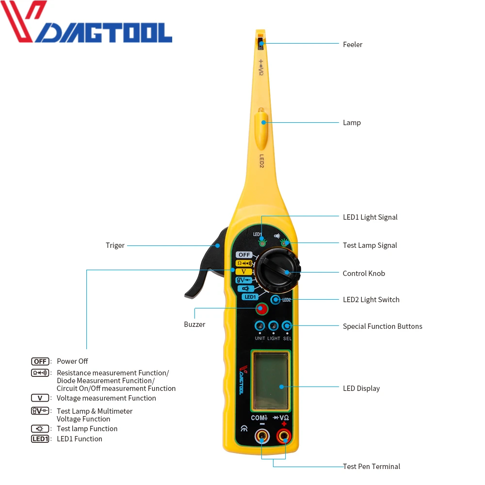 VDIAGTOOL Auto Circuit Tester Multímetro Com Ferramentas de Reparo Do Carro Automotive Electrical Multímetro Teste Da Lâmpada Acessórios
