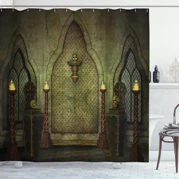 

Gothic Shower Curtain, Fantasy Scene with Old Fashioned Wooden Torch and Skull Candlesticks in Dark Spooky Room, Cloth Fabric
