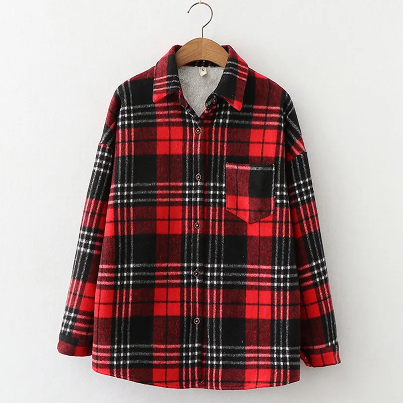

2021The New Plus Size Women Coats Winter Warm Blouses Long Sleeve Thick Velvet Plaid Shirt Flannel Shirts Full Cotton Top
