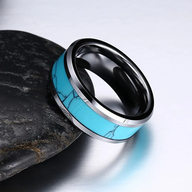 Natural Blue Turquoises Tungsten Carbide Rings for men and women 8mm wedding band fashion jewelry finger ring male | Украшения и
