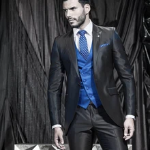 Черные вечерние мужские костюмы из трех предметов, заостренный лацкан, облегающие Свадебные смокинги под заказ(пиджак+ брюки+ жилет+ галстук