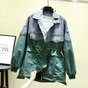

Women Trench Coat Contrast Color Drawstring Waist Top Female Loose Spring Fall Letter Riveting Beaded Jeans Coat Chaqueta Mujer