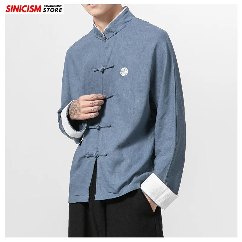 Sinicism Store Осенняя мужская хлопковая льняная рубашка оверсайз с пуговицами Мужская