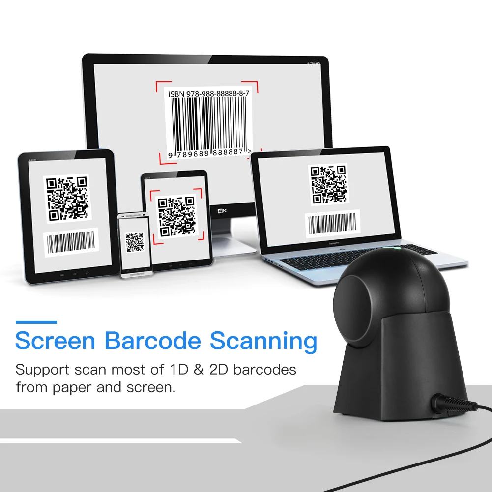 Eyoyo Hands-Free 1D 2D Desktop Barcode Scanner QR Barcode Reader Support Screen Scanning Platform Scanner for Warehouse, book scanner