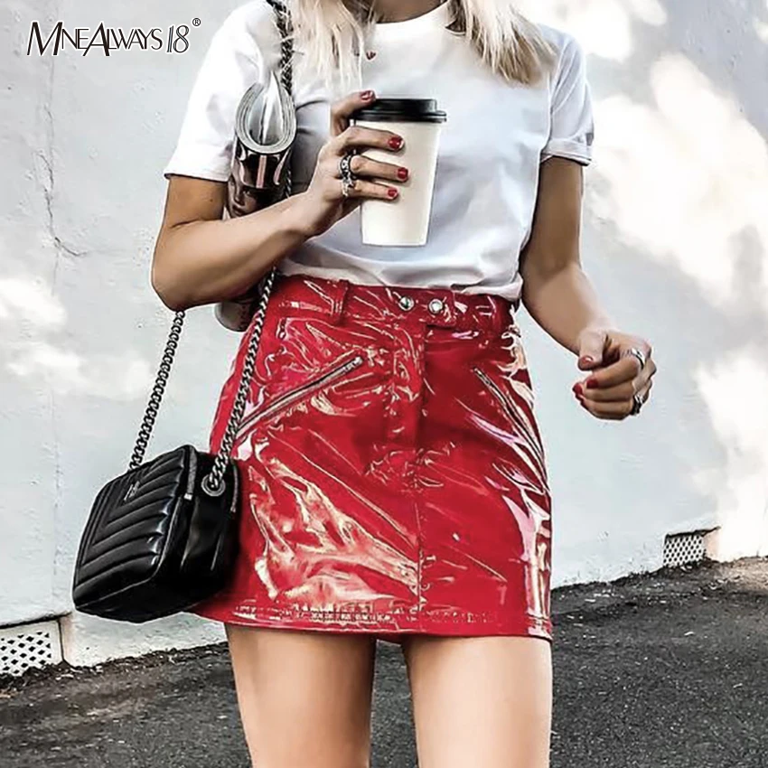 Mnealways18 красная панк юбка из искусственной кожи с металлическими молниями и пуговицами, короткие женские юбки из кожи, осень, Женская мини-юбка, уличная женская одежда