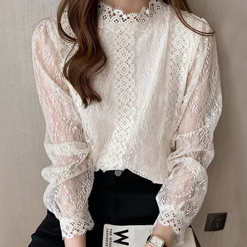 

Chic Lace Blouse Women Summer Thin See Through Elegant Office Shirt Plus Size 4XL Ladies Black Blouses Spring 2020 Shirts Tops
