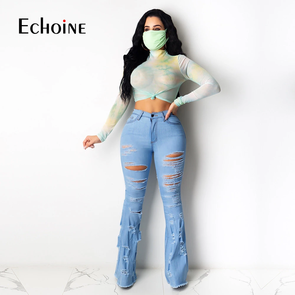 

Echoine 2020 High Waisted Ripped Jeans For Women Streetwear Bell Bottom Jeans Fashion Flare Jeans Tall Women Clothing plus size