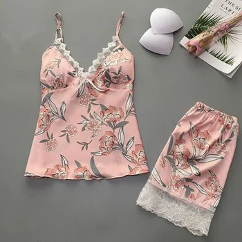 

New Women Pajamas Sets Sleepwears 2PC Satin Lace Sleeveless Sexy Pijama Mujer Summer Pyjamas Lingerie Nightwear Homewears