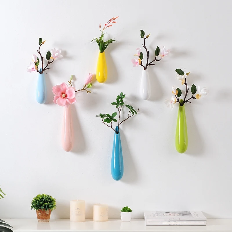 

Creative Droplet Shape Ceramic Wall Vase Hanging Chinese Porcelain Flower Vases Modern Home Living Room Restaurant Decorations