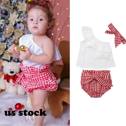 Toddler Baby Girl Off Shoulder Tops+Plaids Shorts Outfits Clothes