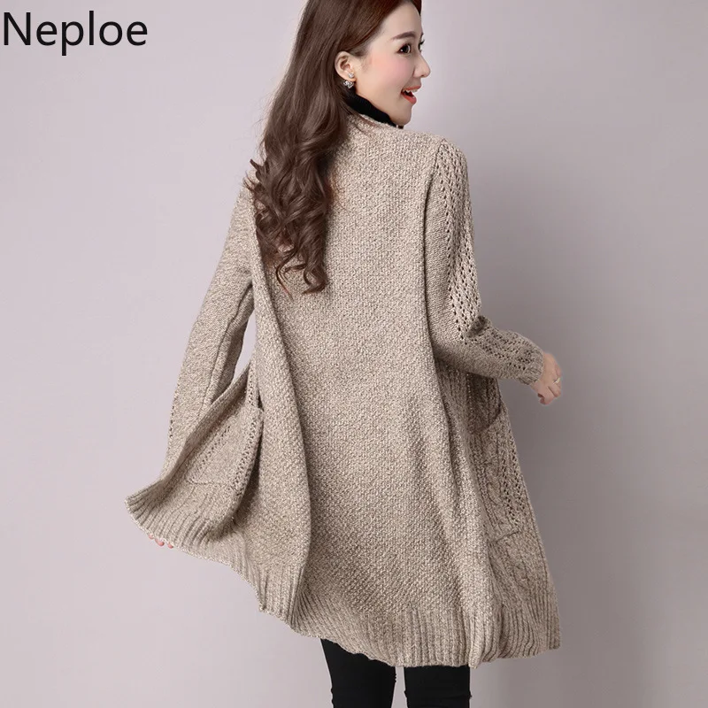 

Neploe Korean Simple Hollow Out Pocket Knitted Cardigans Loose V Neck Solid Mature Open Stitch Autumn Winter Coat News 45669
