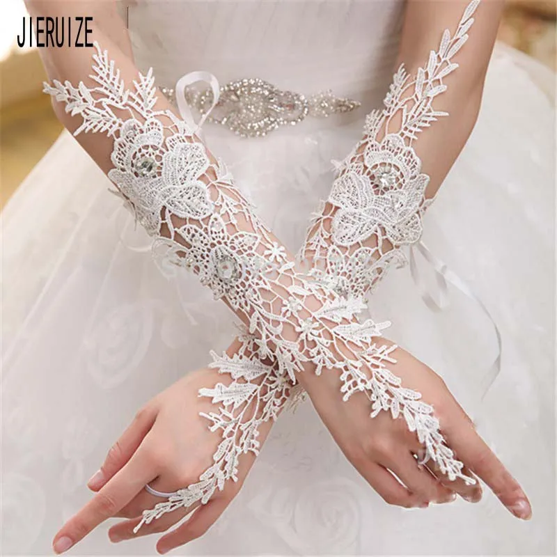 JIERUIZE Кружева Аппликация Свадебные перчатки с кристаллами Длинные свадебные перчатки без пальцев для свадебного платья