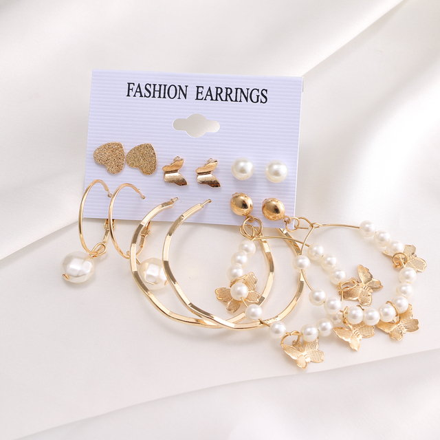 Trend Gold Silver Color Butterfly Hoop Earrings Vintage Snake Pearl Resin Earrings Set For Women Brincos Party Jewelry