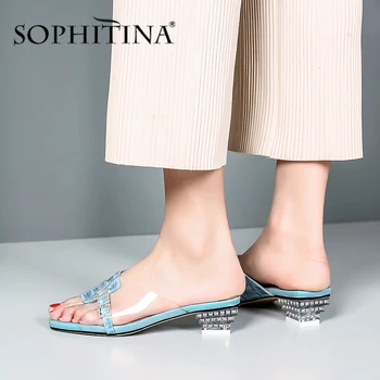

SOHITINA Concise Slippers Women Large Size Embossed Square Low Heels Design Slippers Handmade Diamond Heels Sandals Women MO567