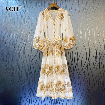 

VGH Print Lace Up Dress For Women V Neck Short Sleeve High Waist Ruched Tunic Maxi Dresses Female Elegant 2020 Fashion New Style
