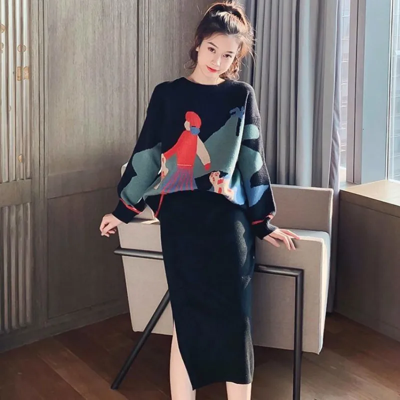 

Fashion Knitted Animal Two Piece Set Women Long Sleeve Pullover Sweater And Split Pencil Skirt Set Runway Knitting Skirt Suit