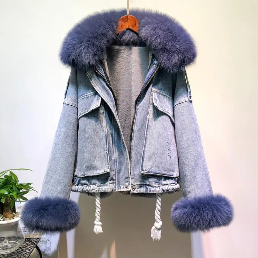 blue with blue fur Зимнее Модное теплое джинсовое пальто из натурального Лисьего меха+ джинсовая куртка с подкладкой из натурального кроличьего меха женская толстая верхняя одежда из натурального меха с отделкой бисером F704 - Цвет: blue with blue fur