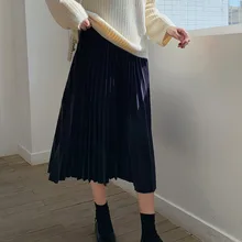 Харадзюку коричневая плиссированная юбка Женская Осень Зима Высокая талия полубоди Длинные Юбки Женская Повседневная Свободная юбка миди