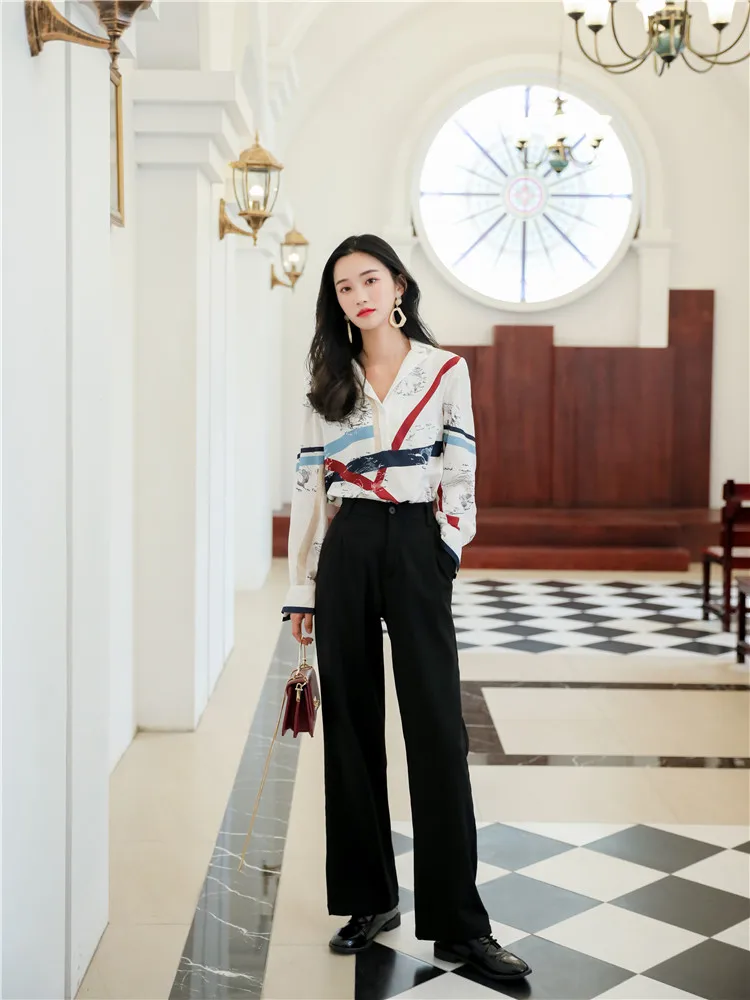 Autumn New Women's Suit Collar Retro Printed Shirt Women's Loose Long Sleeve Chiffon Shirt Plus Size Tops Women Shirts