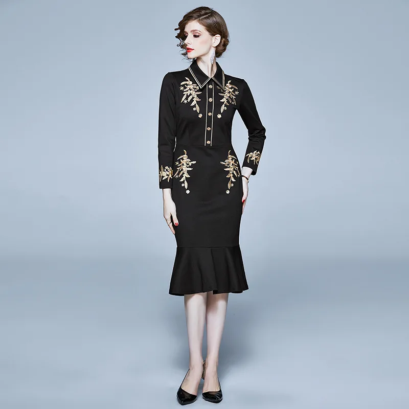 

Fold-down Collar Ninth Sleeve Gold Machine Embroidery Waist Hugging Sheath Flounced Mid-length Retro Dress Europe And America