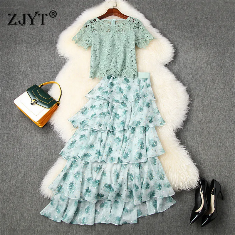 High Quality Summer Women Fashion Casual Outfits Hollow Out Lace Top Ruffle Print Midi Cake Skirt Sets |