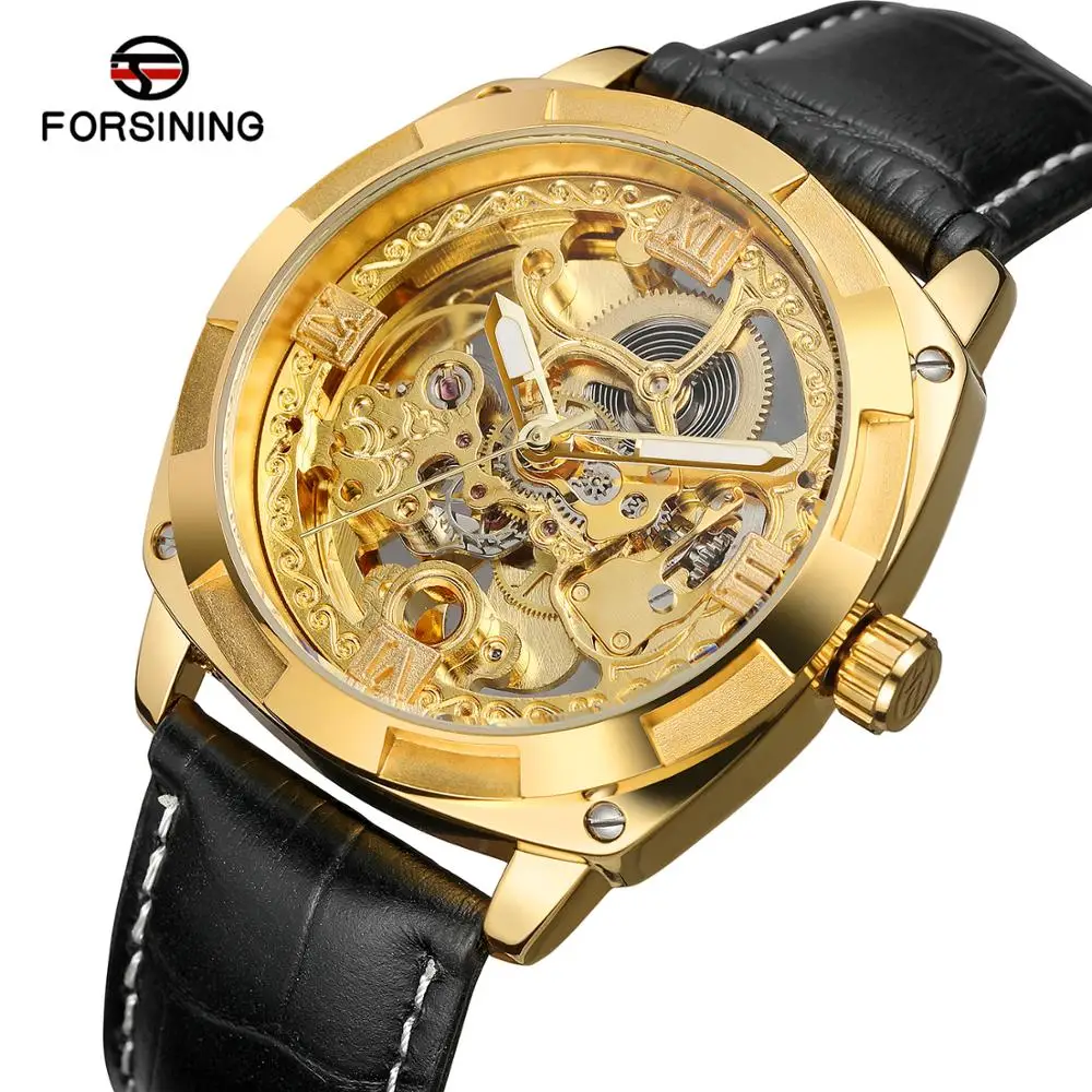 

Forsining Golden Skeleton Clock Male Mens Mechanical Wrist Watches Top Brand Luxury Black Genuine Leather Belt Luminous Hands