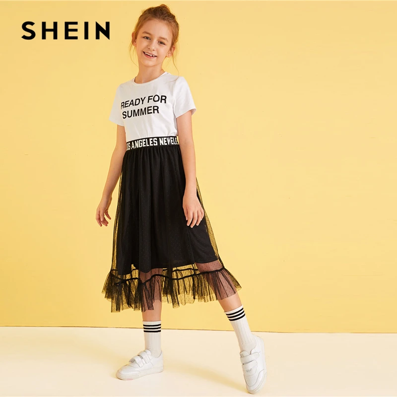 SHEIN Kiddie/черная многослойная юбка в сеточку с буквенным принтом для девочек г., летняя юбка с оборками с завышенной талией, подол А, длинные милые юбки