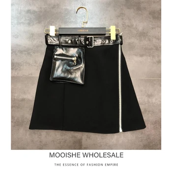 

Mooishe Spring Women Mini Skirt Patent Leather Pocket Belt Zipper Little Woman Zipper Skirt Woman Bottom