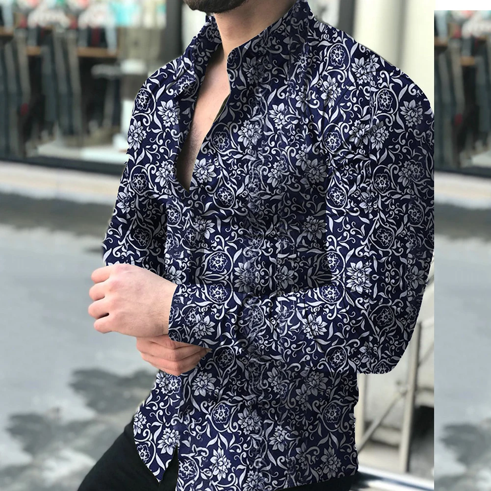 Мужская весенне-осенняя Модная Повседневная блуза с цветочным принтом и длинным рукавом на пуговицах, повседневная мужская блузка с воротником, новинка