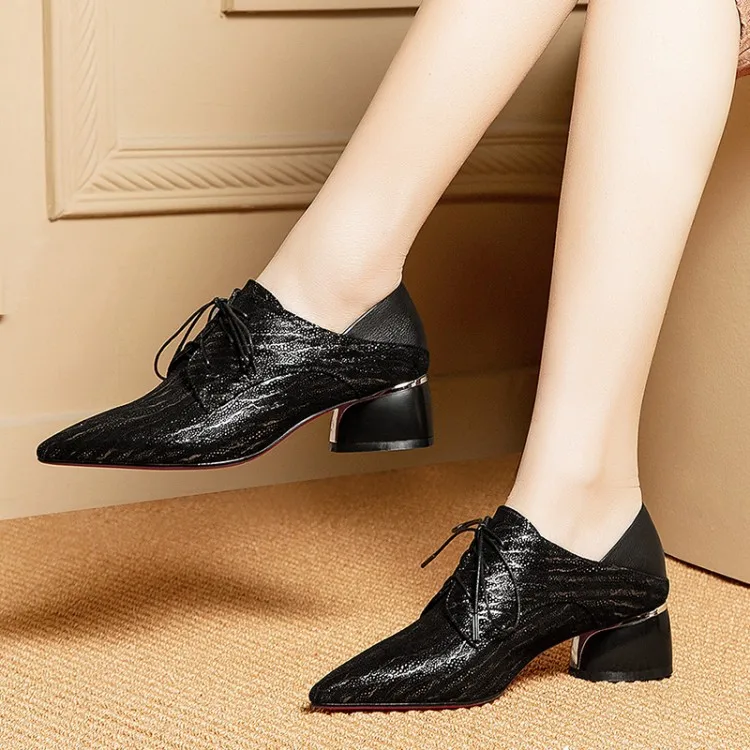 

Spring And Autumn New Style Retro French Women Pointed Deep Mouth Lace up Front Chunky Semi-high Heeled Fashion Shoes