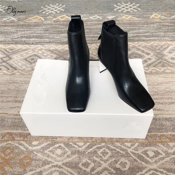 

OllyMurs New Black Genuine Leather Women Ankle Boots Metal Square Toe Thick High Heel Women Autumn Winter Boots Shoes Women