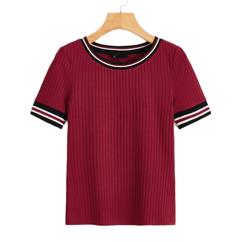SweatyRocks бордовая полосатая трикотажная футболка в рубчик уличный с короткими рукавами футболки летняя повседневная одежда для активного отдыха женские футболки