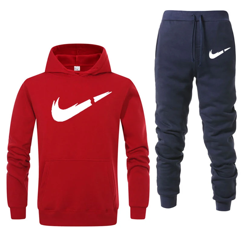 red Navy blue Комплект из двух предметов, модные толстовки с капюшоном, спортивная одежда для мужчин, спортивный костюм с капюшоном, осенняя брендовая одежда, толстовки+ штаны, мужские комплекты - Цвет: red Navy blue