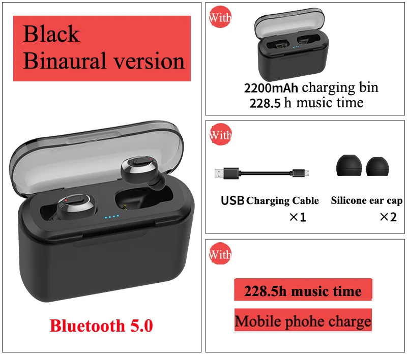 TWS беспроводные Bluetooth наушники 5,0 TWS 3D стерео Bluetooth гарнитуры мини наушники с зарядным устройством - Цвет: Binaural Black