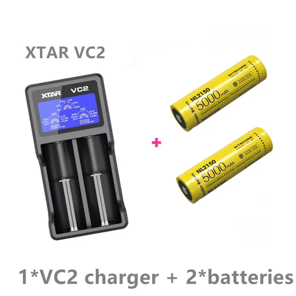 2 шт NITECORE 21700 5000MAH аккумуляторная батарея NL2150 с новым зарядным устройством I2 или VC2 зарядным устройством - Цвет: with VC2