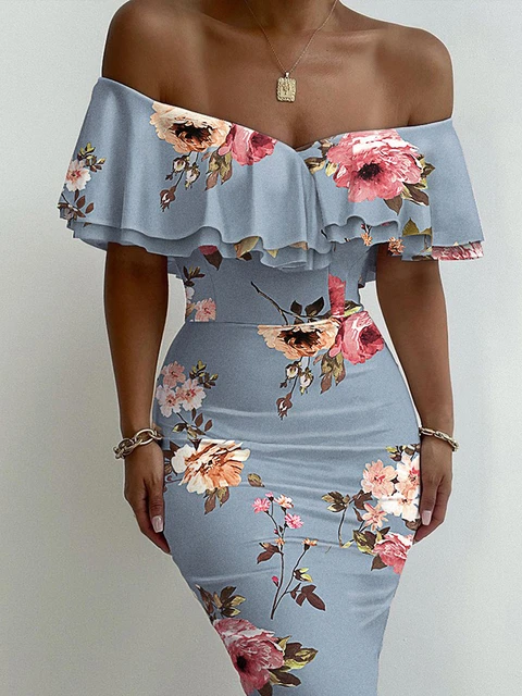 sin embargo En el piso Crítico Shein Romwe Y2K-vestido Sexy con estampado Floral y hombros descubiertos,  Midi, con volantes, ajustado, para fiesta y Club _ - AliExpress Mobile