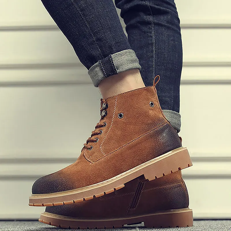 Обувь; мужские ботинки; коллекция года; модные ботинки «Челси»; мужские теплые зимние ботинки из натуральной кожи и плюша; мужские кроссовки в стиле милитари; водонепроницаемые ботильоны - Цвет: Brown