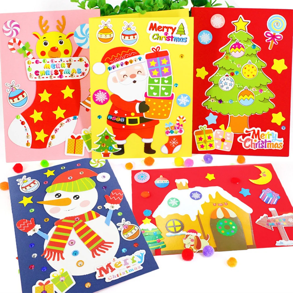  5 Pcs Handmade DIY Christmas Card Children 3D Greeting Card Craft Educational Toy Kindergarten Baby - 4000266134108