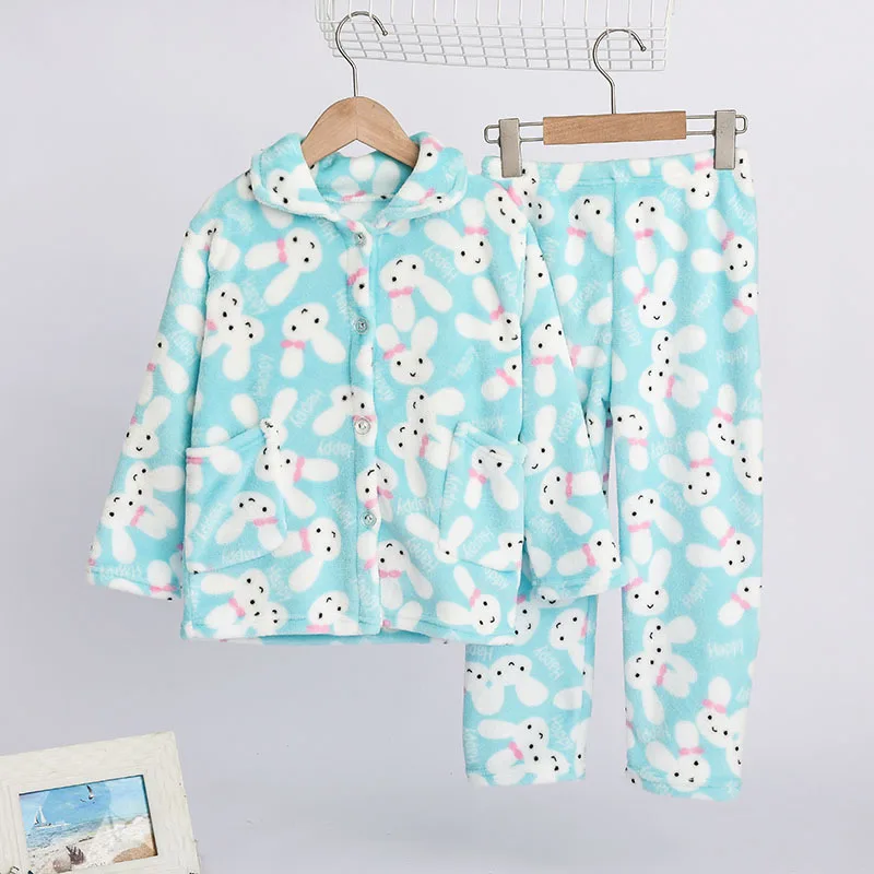 light blue Зимние пижамные комплекты для девочек теплая детская одежда для сна фланелевый комплект пижамы для мальчиков с героями мультфильмов плотные детские пижамы одежда для подростков От 2 до 10 лет - Цвет: light blue