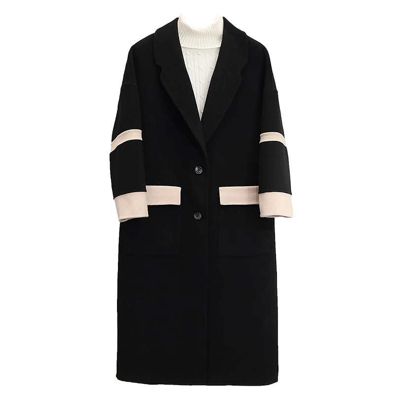 Осенне-зимние новые женские шерстяные куртки модные корейские Лоскутные свободные длинные пальто Пальто повседневные теплые женские шерстяные пальто