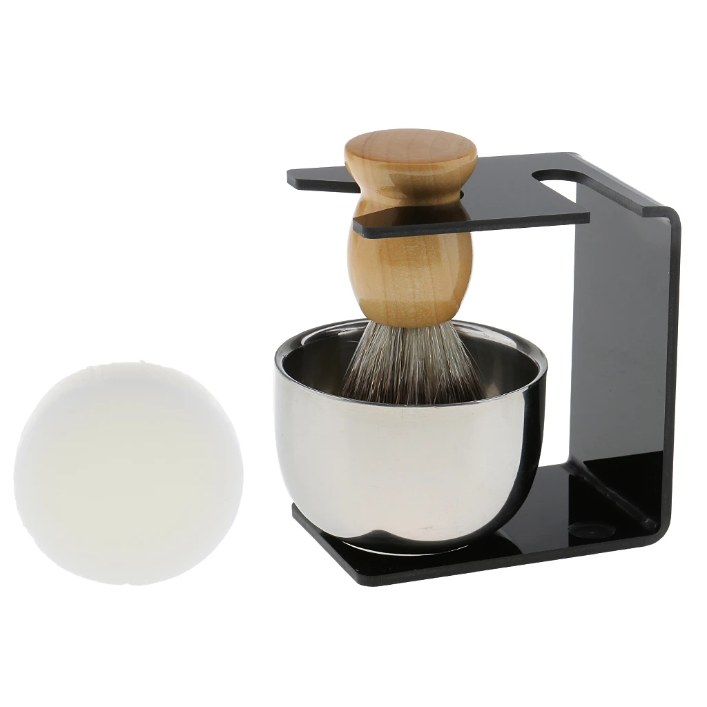 Wood Shaving Brush + Black Plastic Stand + Stainless Steel Smooth Surface Bowl Cup + Soap Set for Men Barber