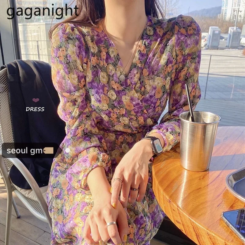 

Gaganight Chic Korean Fashion Women Floral Maxi Dress Long Sleeve V Neck Chiffon Spring Summer Holiday Dresses Lady Vestidos